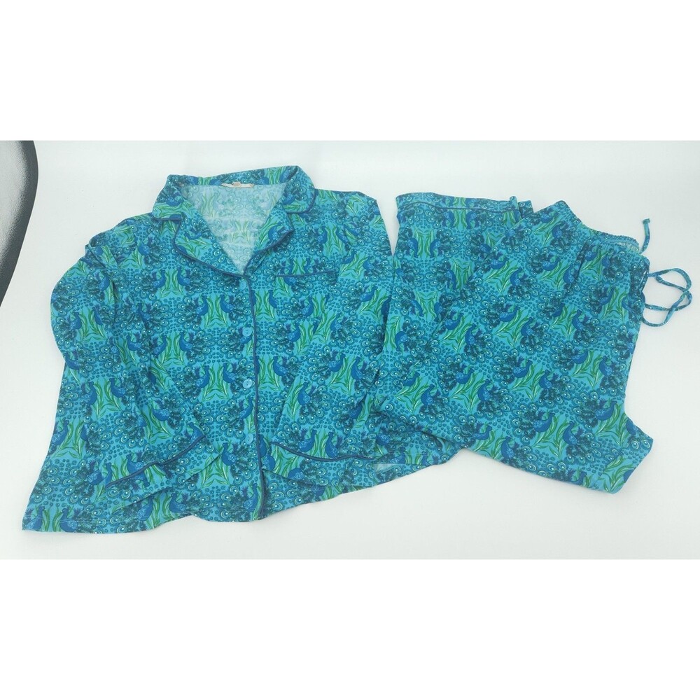 My Danielle Pajama Set Womens L Blue Green Peacock Feather Print Button Up Pant